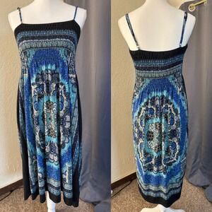 India Boutique Blue Black Mandala Smocked Spaghetti Strap Boho Dress